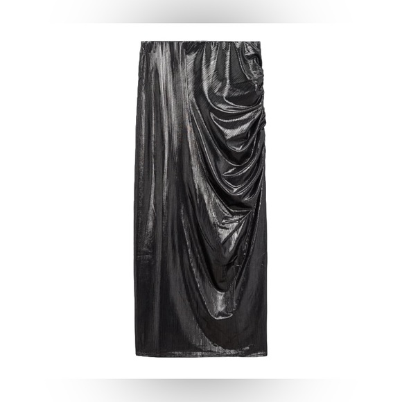 NWT ZARA Shiny Gathered MEDIUM Midi Skirt Elastic Waist Back Slit 4770/629/836 - Picture 1 of 14